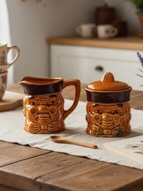 Vintage Benjamin‎ Franklin 3D Brown Creamer and Sugar Pot Made in Japan